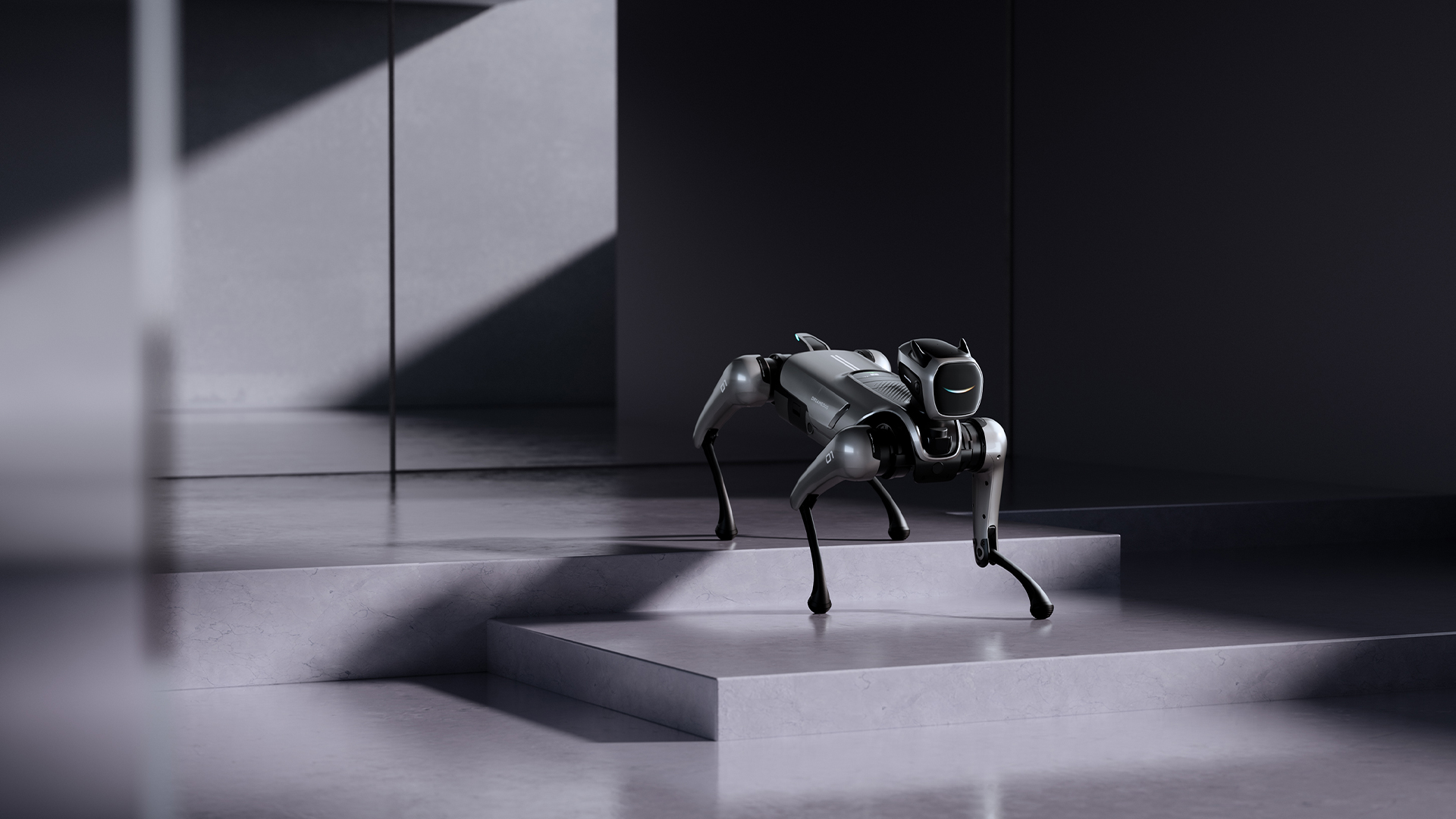 MagicDog Pro Roboterhund meistert selbstständig Stufen in moderner Umgebung mit urbanem Hightech-Design