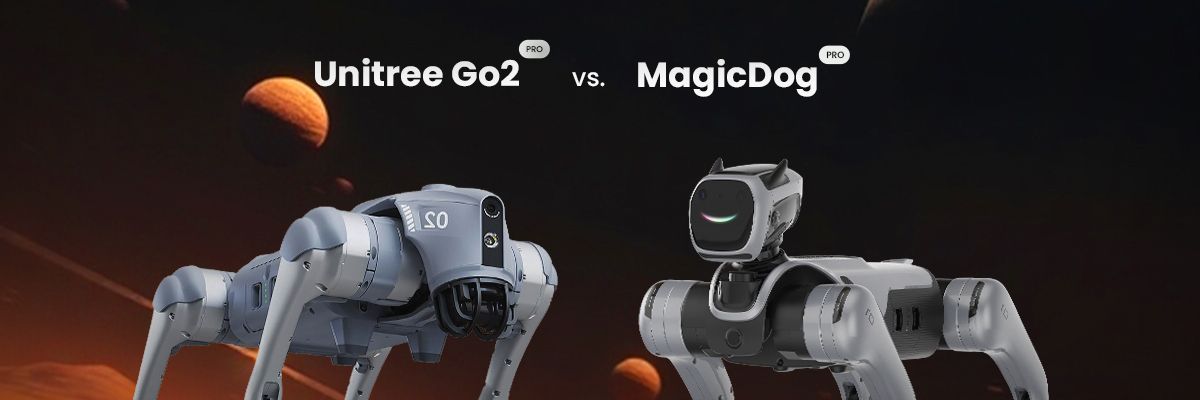 Vergleich zwischen MagicDog Pro und Unitree Go2 Pro Roboterhunden mit futuristischem Hintergrund
