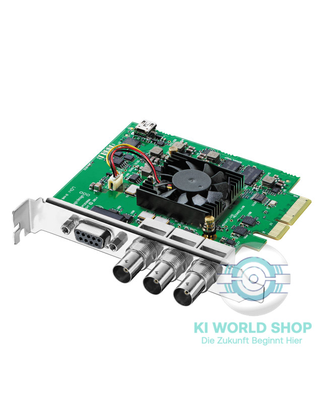 Blackmagic Design DeckLink SDI 4K – PCIe Capture-/Playback-Karte mit SDI Ein- und Ausgängen; Produktabbildung der Karte mit BNC-Anschlüssen und Kühlventilator.