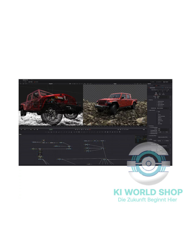 Screenshot von Blackmagic Design Fusion Studio Software mit 3D-Workspace, Jeep-Szene, Node-Graph und Inspector für VFX-Compositing.
