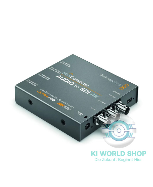 Blackmagic Design Mini Converter Audio to SDI 4K – kompakter 6G-SDI Konverter, schräg von oben, mit SDI In/Out und Alt SDI In (BNC).