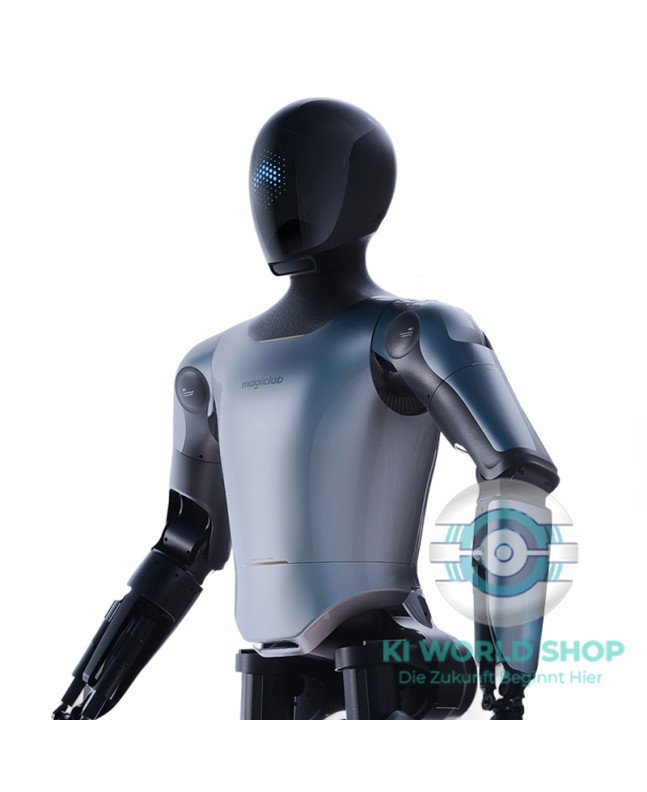 Humanoider Roboter MagicBot mit schwarzem Displaygesicht und Armgelenken, KI World Shop Logo sichtbar