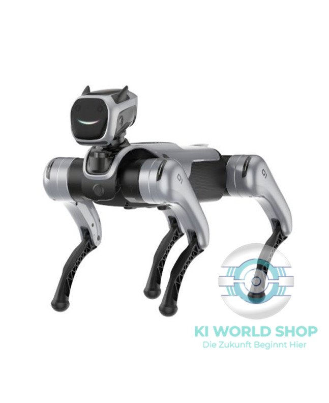 MagicDog Roboterhund mit Brillen-Icon im Display und KI WORLD SHOP Logo in der Ecke