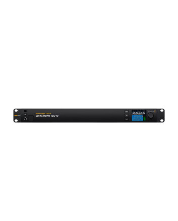 Blackmagic 2110 IP SDI to HDMI 12G-10 – Frontpanel mit 2,2-Zoll-LCD, Tasten und Kopfhörerbuchse