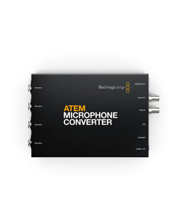 Blackmagic ATEM Microphone Converter in Draufsicht – kompakter Audio-Konverter mit vier Mic/Line-Eingaengen