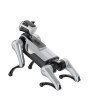MagicDog KI-Roboterhund in Sitzposition, Kopf geneigt, mechanische Gelenke gut sichtbar