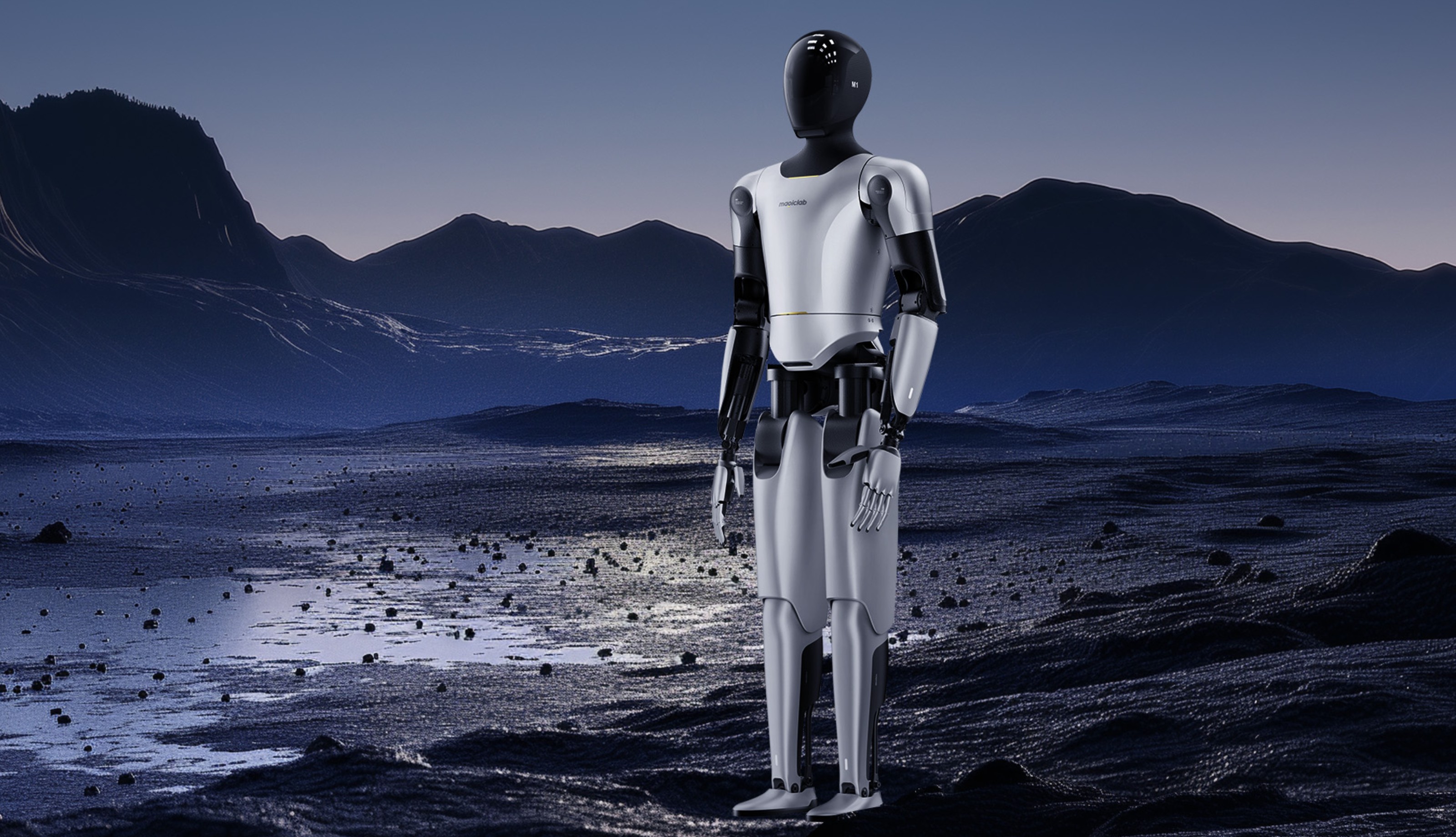 MagicBot humanoider Roboter in futuristischer Mondlandschaft – Ganzkörperansicht in voller Größe