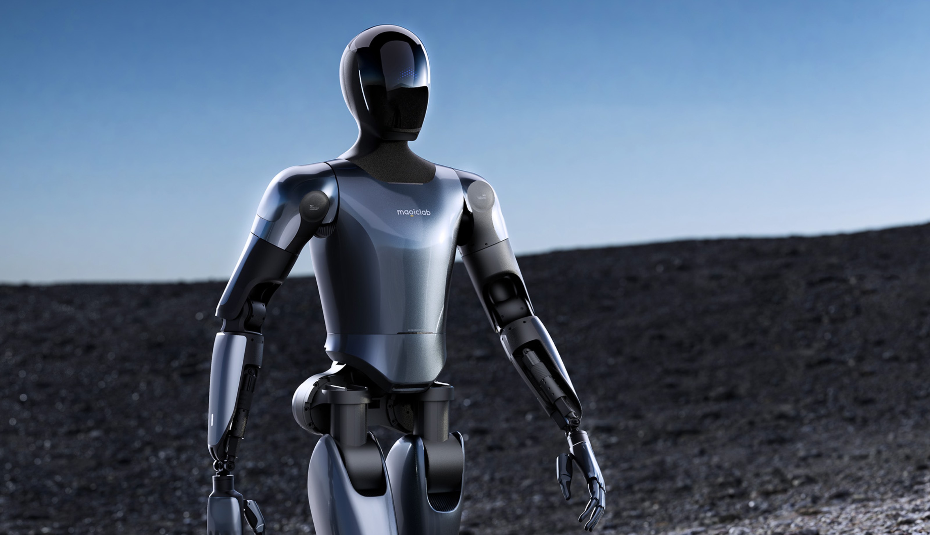MagicBot humanoider Roboter mit fortschrittlichen Gelenken – futuristische Umgebung mit Wüstencharakter