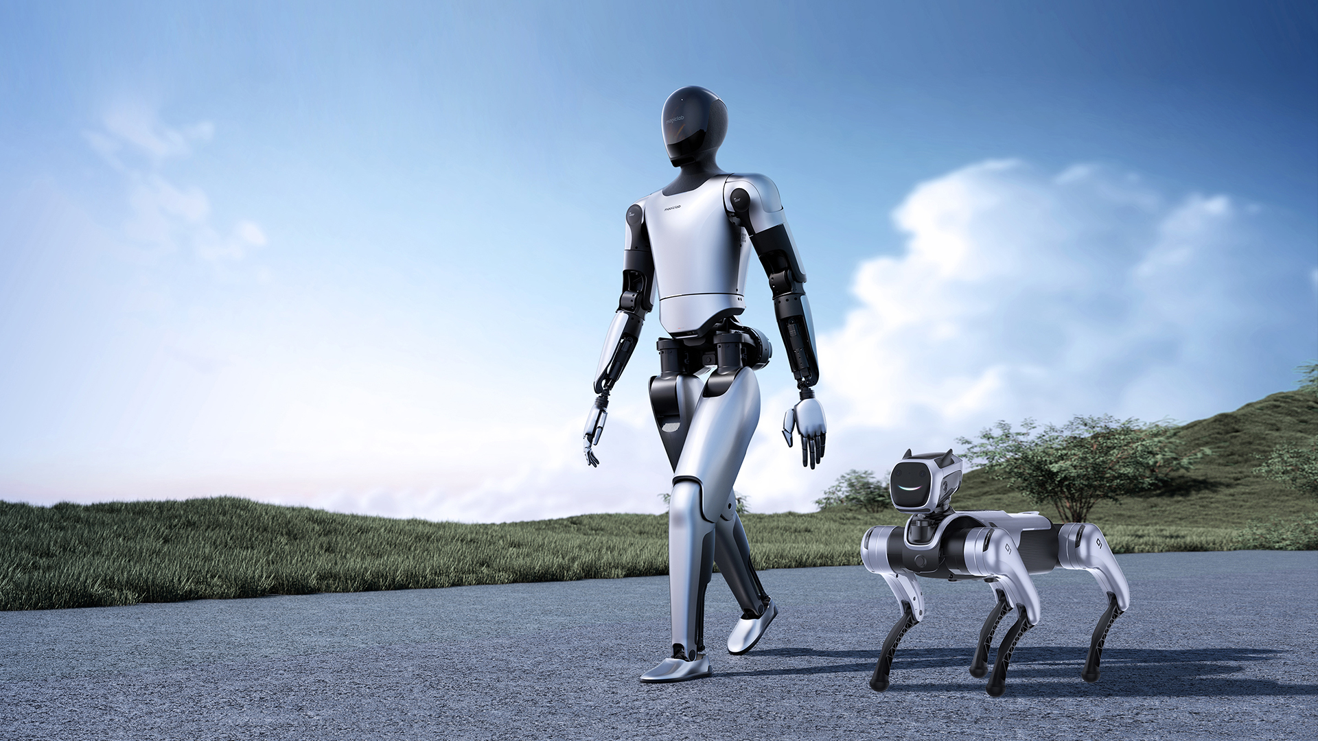 MagicBot humanoider Roboter spaziert mit vierbeinigem Robotik-Hund auf offener Straße bei blauem Himmel