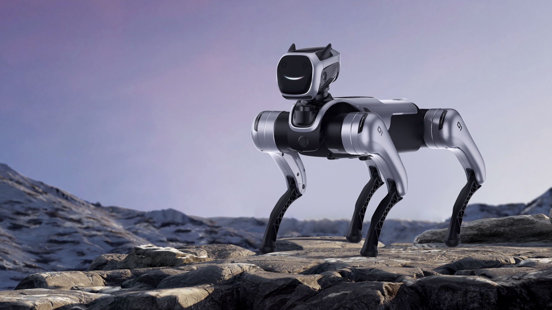 MagicDog EDU intelligenter Roboterhund mit vier Beinen auf felsigem Gelände vor verschneiter Bergkulisse unter violettem Himmel.