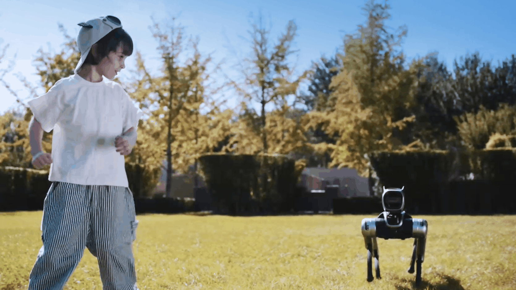 Kind spielt auf der Wiese mit dem KI-gestützten Roboterhund Magicdog Pro bei sonnigem Wetter