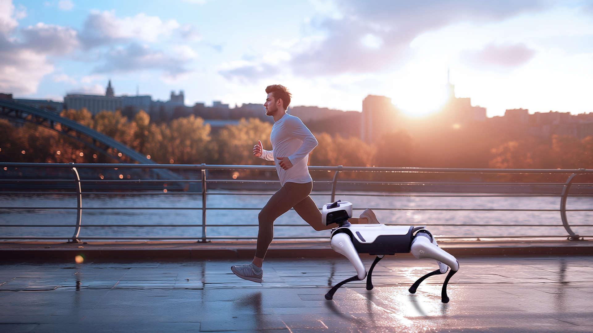 MagicDog EDU Roboterhund läuft synchron neben einem Jogger bei Sonnenaufgang – ideal für intelligente Outdoor-Aktivitäten und Fitnessbegleitung
