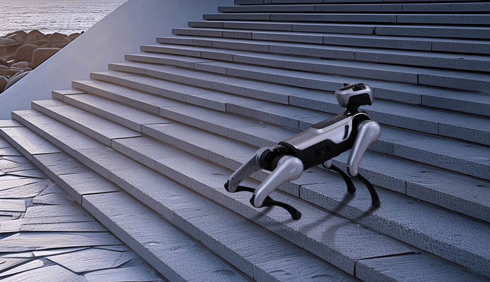 Magicdog EDU Roboterhund steigt Treppe hinauf mit malerischem Meerblick im Hintergrund